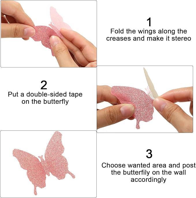 BBTO 48 Pieces Butterfly Wall Decor DIY Mirror 3D Butterfly Stickers Removable Decals for Home Bedroom School Bathroom Living Room Decor(Glitter Pink)