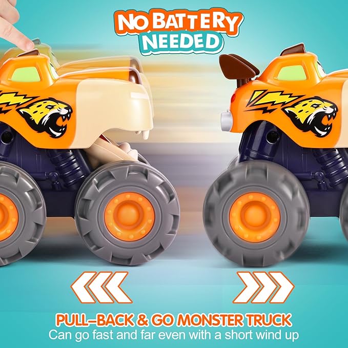 Toy Cars for 1 2 3 Year Old 3 Pack Monster Truck Toys Crocodile Bull Leopard Pull Back Car Big Wheel Animal Toy Trucks for Toddler 1-3 Baby Toys 12 18 Months Boy Girl Toddler Toy for 1 Year Old Gift