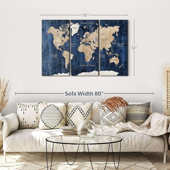 ElephantStock Aged Blue World Map II Canvas - 3 Panel Wall Decor - World Map Digital Art - Blue Wall Art - 50" X 32"