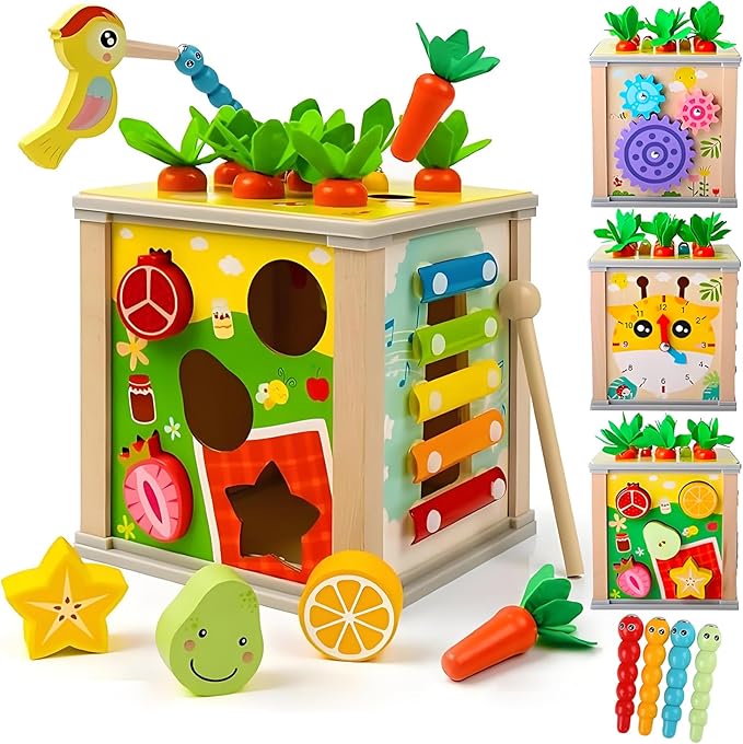 Wooden Baby Activity Cube,Montessori Developmental Toddler Educational Learning Toys, Sorting & Stacking Game
