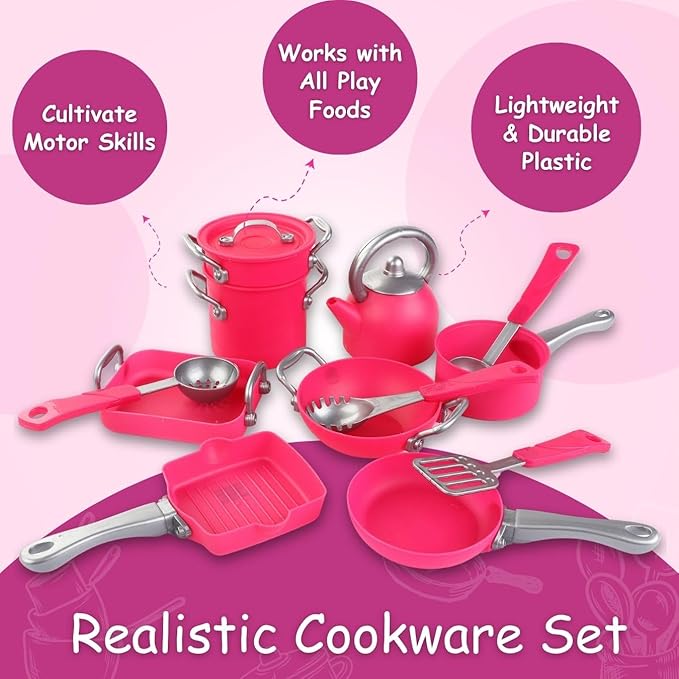 Pink Play Kitchen Cookware Toys Pots and Pans Cooking Utensils Accessories Pretend Playset for Toddlers, Kids, Girls (13 Pcs)