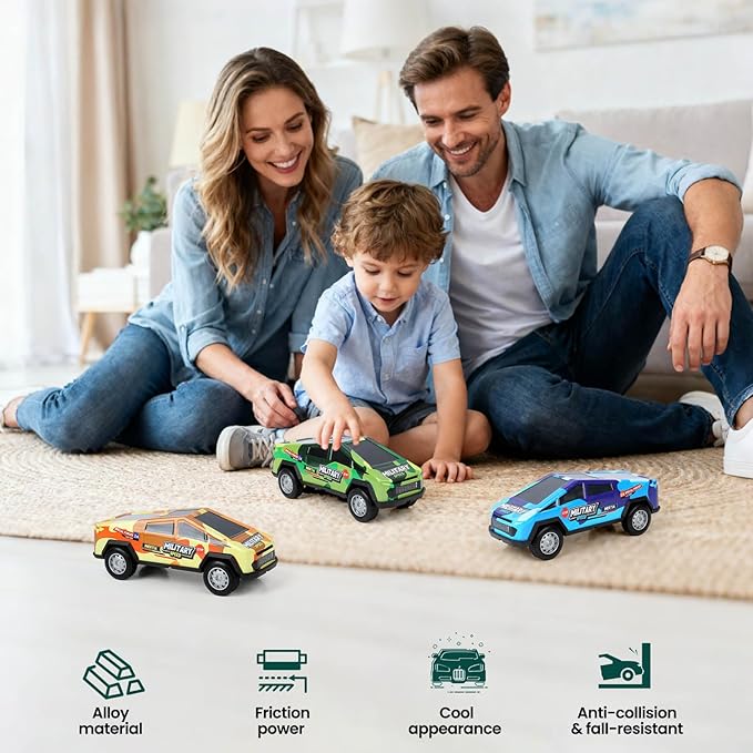 Toy Trucks for Kids 1/32 Model Car 3 Pack,Camouflage: Blue, Yellow, Green,Friction Power Push and Go Pull Back Wind up Race Cars,Toddlers 3 4 5 6 7 8 for Boys and Girls Birthday Party Gift