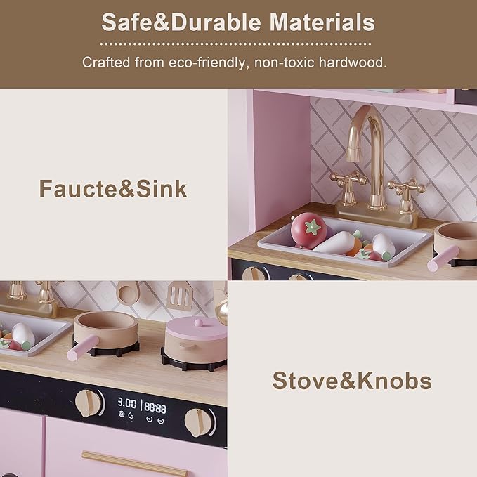 Treocho Play Kitchen for Kids, Wooden Toddler Kitchen Set with Storage, Modern Design Toy Kitchen with Faucet&Sink, Stove, Chalkboard, Icemaker and Various Accessories for Kids Ages 3+, Pink