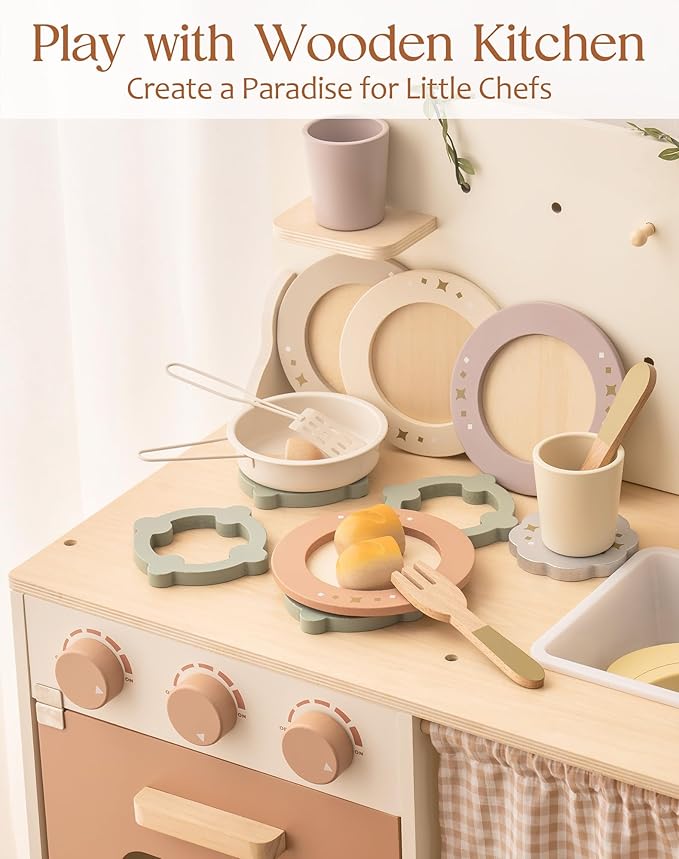 ROBOTIME Play Kitchen Dishes Set, 29PCS Wooden Toddler Plates and Dishes for Boys Girls Gifts