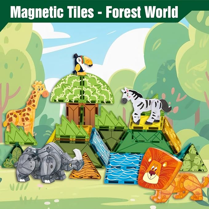 Magnetic Tiles Set Grassland Animals Theme Toys, Magnet Tiles Building Blocks Toys for Kids Ages 5-7 Year Old to STEM Learning