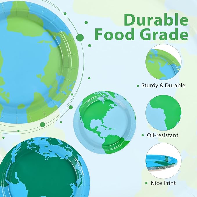 Grencian 60Pcs Earth Day Paper Plates 9" Large Disposable Heavy Duty Navy Globe Map Platter Blue Green Around the World Dessert Plate for Kids Birthday Travel Home Party Decoration