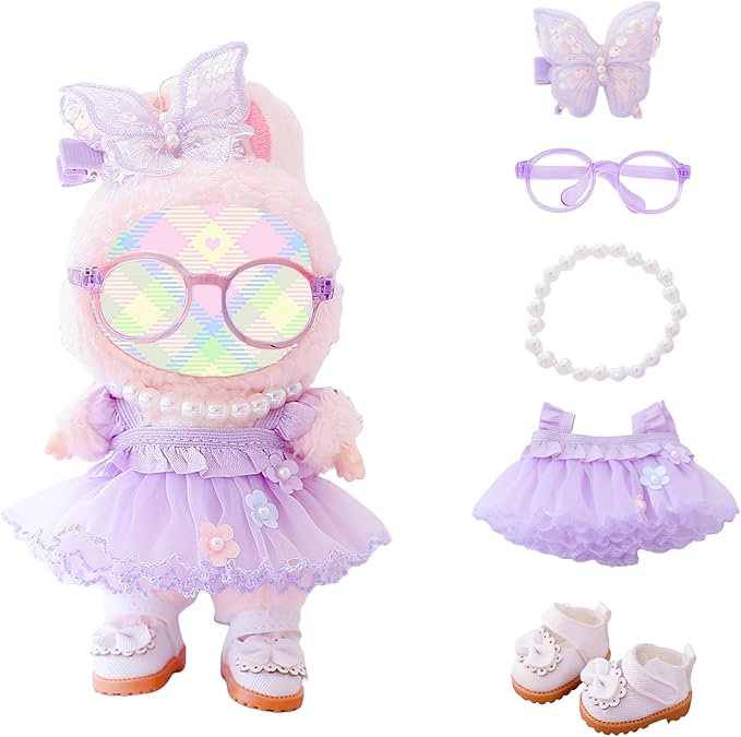 Clothes for Dolls Accessories, Outfit Set 5 Pieces Gauze Dress for 15cm 17cm Doll (No Doll), Romantic Skirt Doll Clothing Set Replacement Purple