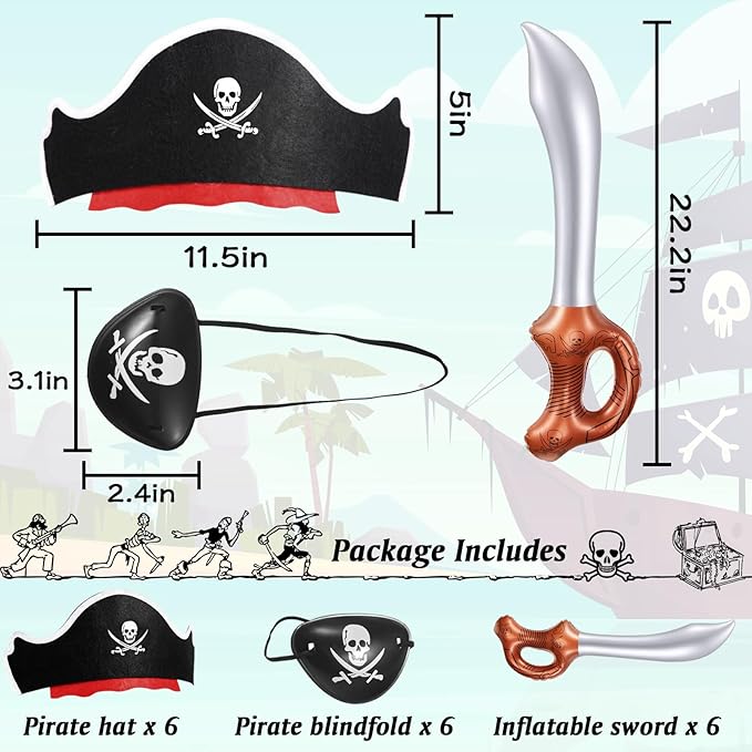 Legigo 18 Pcs Funny Pirate Party Set- Include 6 Pirate Hats, 6 Eye Patches, 6 Inflatable Swords for Pirate Party Cosplay Caribbean Dress Accessories
