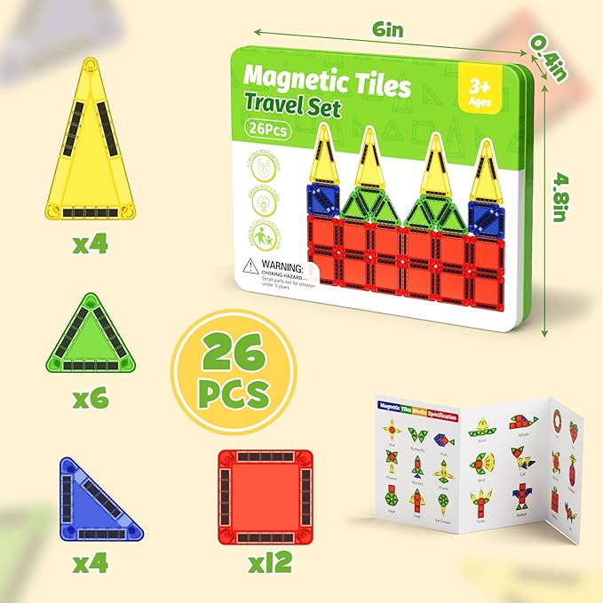 Magnetic Puzzle Travel Building Set, 26-Piece Mini Magnetic Blocks with Storage Tin Box, Preschool Learning Sensory Montessori Toy, Ideal Puzzle Birthday Gift for Boys and Girls Aged 3+