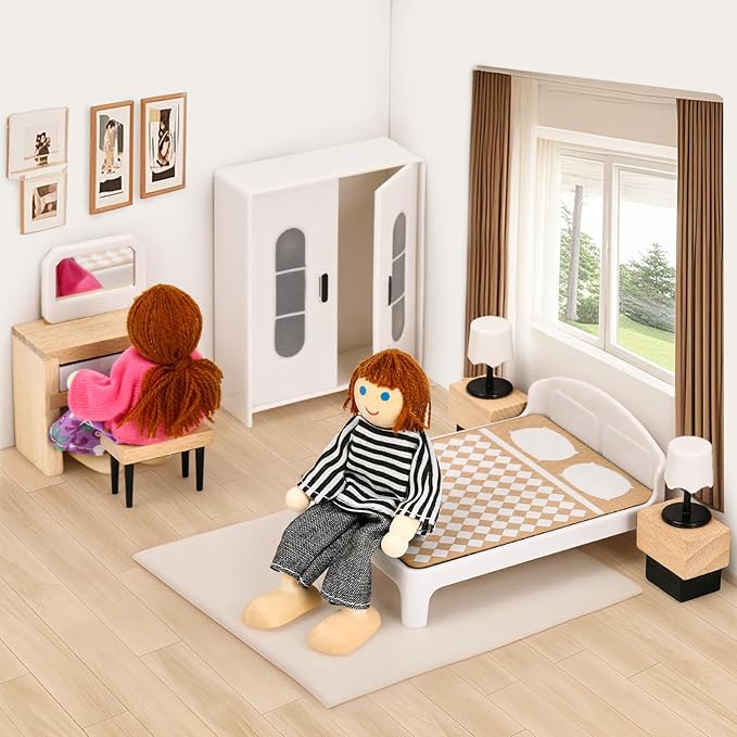 Toyssa Dollhouse Furniture Set, 36PCS Beech Wood and Plastic Miniature Doll House Accessories with Modern 5 Rooms & 4 Flexible Family Dolls, Pretend Play Toys Birthday Gift for Toddlers 3 4 5 6
