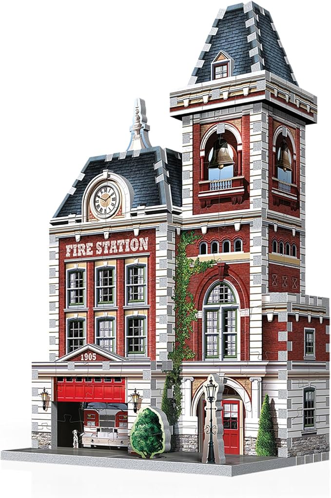 Wrebbit3D Fire Station 3D Puzzle | Urbania Collection | 285 Jigsaw Puzzle Pieces | Charming and Unique Streetscape of a Small Town
