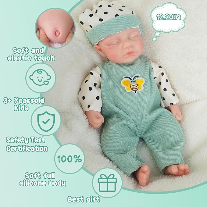 Boy 12.2 Inch, Full Silicone Baby Doll, Realistic Baby Dolls, Realistic Veins & Sleeping Pose, Not Vinyl, Reborn Baby Dolls Silicone Full Body, Gift Set