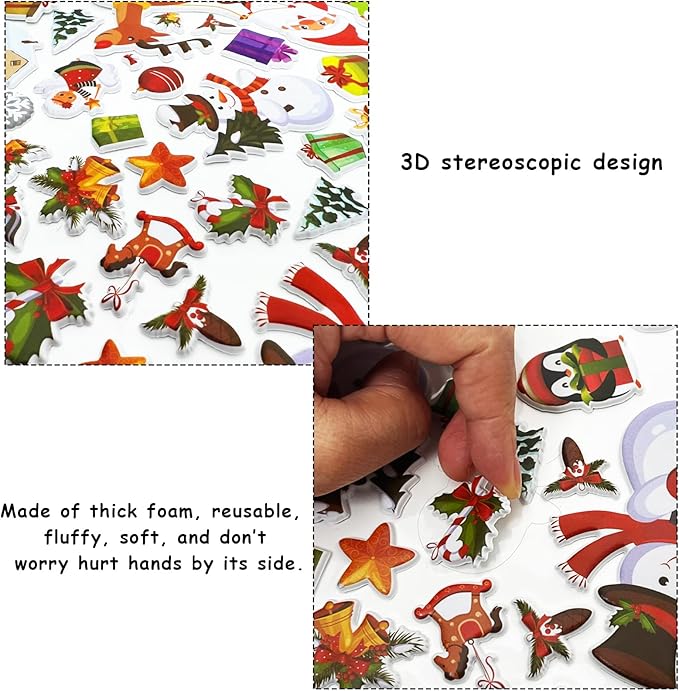 Winter 3D Puffy Sticker Play Set Xmas Activity Book for Kids Toddlers 2-4 Toys Sticker Merry Christmas Holiday Party Supplies 100 Reusable Puffy Window Decals 2 Fold-Out Christmas Scenes