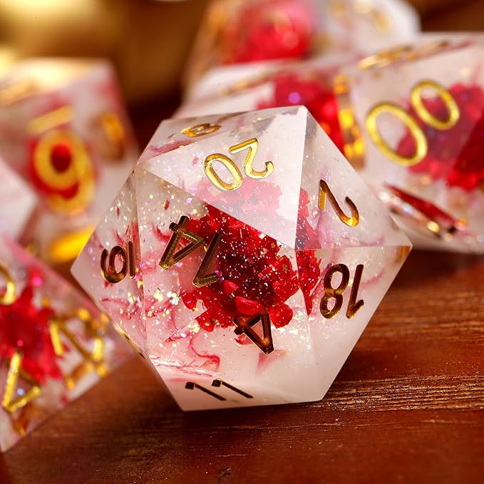 Flower D&D Dice ,DNDND Handmade Resin Sharp Edge Die with Gift Case for D&D Dungeons and Dragon Games (Red Flower)