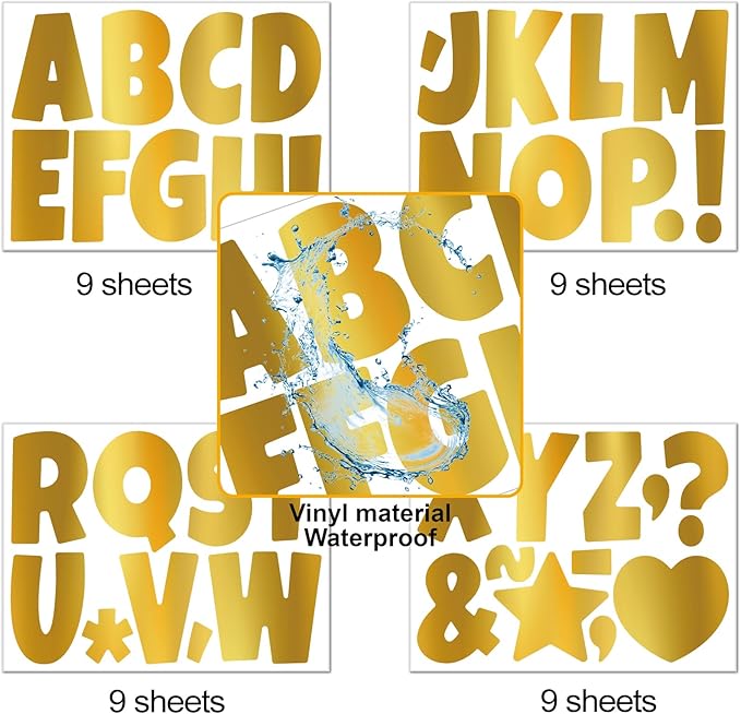 Bemeol Letter Stickers 351 Pieces 4 Inch Bulletin Board Letters Alphabet Cutout Letter for Bulletin Board Display Home Classroom School Decor(Gold)