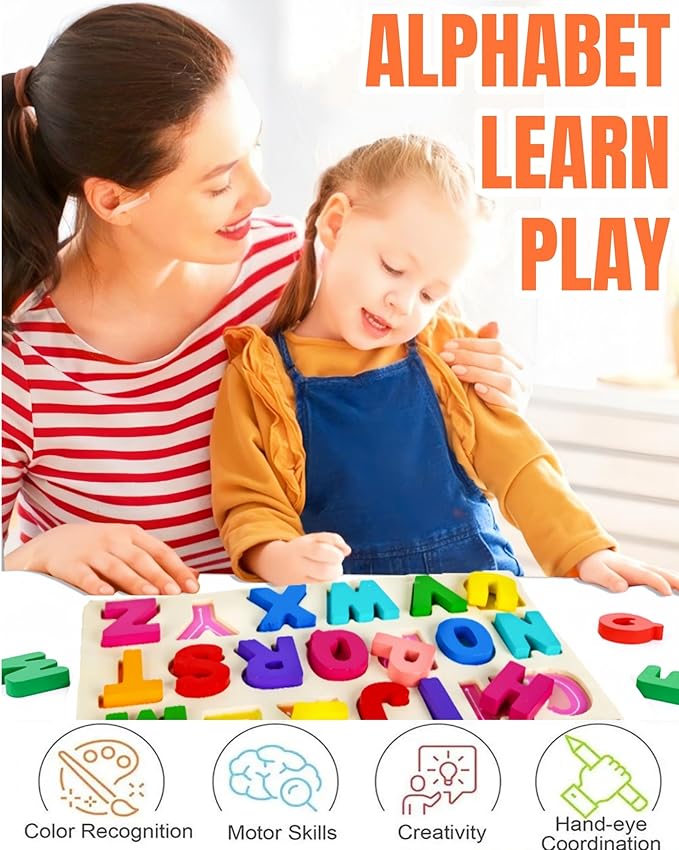 Alphabet Puzzle Wooden Puzzles for Toddlers, Alphabet Learning Toys ABC Shape Puzzle Wood Montessori Preschool Early Education Learning Toys for Kids Toddlers Girls Boys Kindergarten