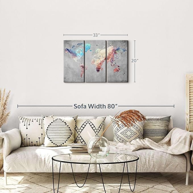 ElephantStock Artistic Touch World Map Multi Piece Canvas - 3 Panel Wall Decor - Map of the World Art - Canvas for the Office and Home - 33" X 20"