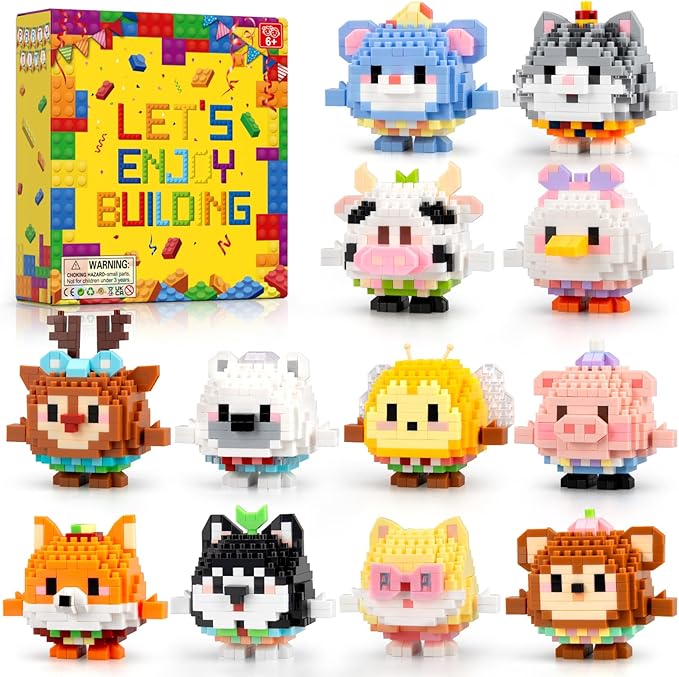 HIGH GODO 12Pack Mirco Mini Animals Party Favors Building Set, 2438PCS Cute Animals Set for Goodie Bag Stuffers Classroom Prizes, Gift for Kids Boys Girls 8+ (Not Compatible with Major Brand)