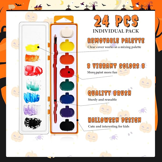 24 Pack Halloween Pumpkin Watercolor Paint Set for Kids 8 Washable Colors with Brushes Water Color Painting Kit for Halloween Painting Kit Gift Party Supplies