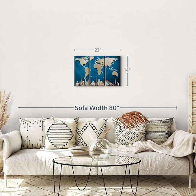 ElephantStock Ocean Blue World Map Multi Piece Canvas - 3 Panel Wall Decor - Map of the World Art - Canvas for the Office and Home - 23" X 14"