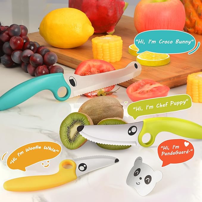 Kids Knife Set for Real Cooking with Educational Ring & Panda Finger Guard for Boys & Girls Cutting, Kids Chef Knife Stainless Steel Blade for Kitchen Cutting-Warm-toned
