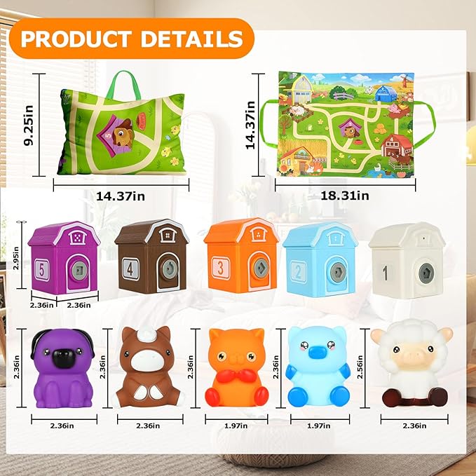Toddler Learning Toys for 2 3 4+ Year Olds, Counting, Matching & Sorting Montessori Toy with Farm Animals, Playmat, Finger Puppets, Shape Keys and House, Easter Christmas Birthday Gift for Boys Girls