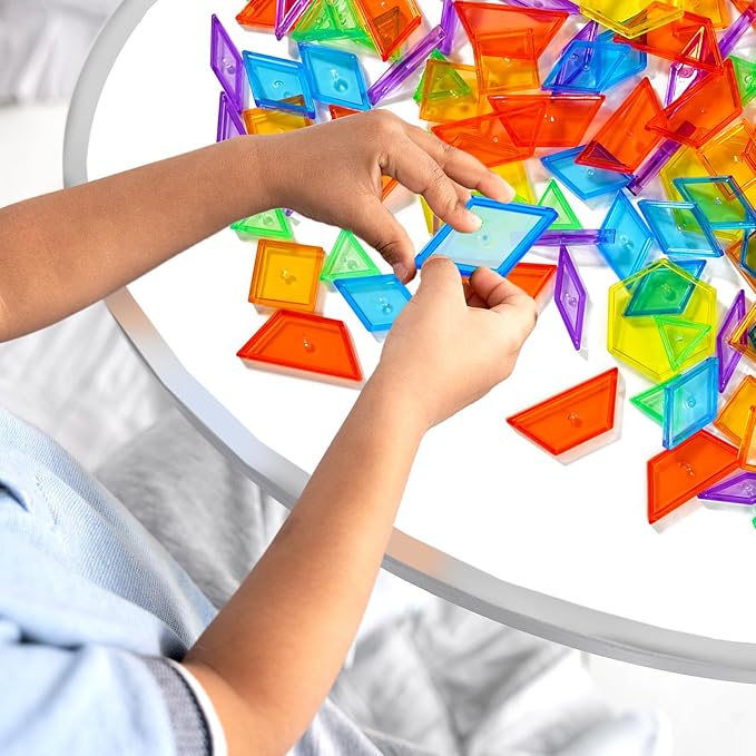 Bbiamsleep 140 Pcs Translucent Pattern Blocks Plastic Transparent Geometric Shape Blocks Light Table Manipulatives Accessories Sensory Bin Filler for Light Table Sorting Counting Spelling Training
