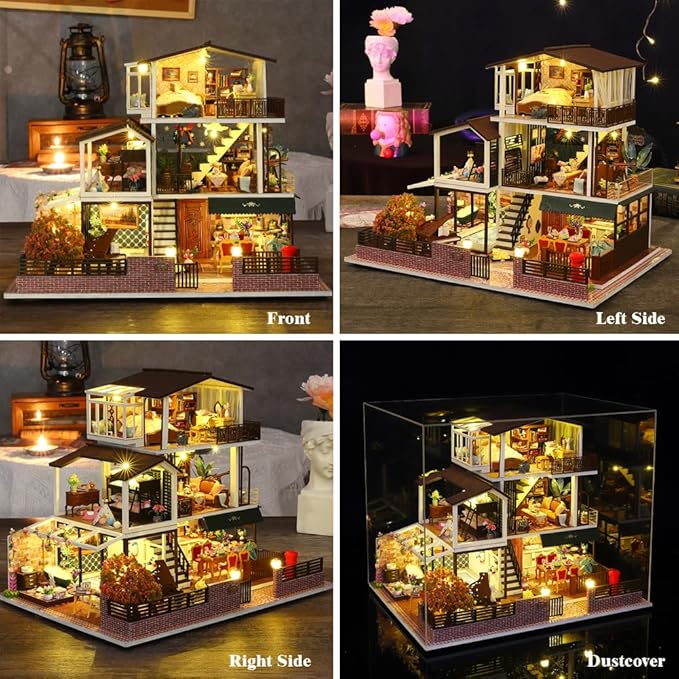 Yuzhen DIY Miniature Dollhouse with Furniture and LED Lights, European Style Villa Wooden Dollhouse Includes Dustcover and Music Movement, Exquisite Home Decor