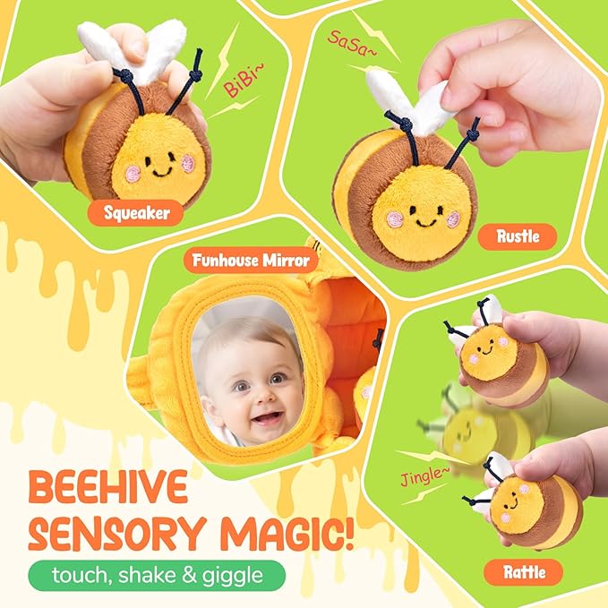 JoyCat 6 Month Old Baby Toys, Flower Beehive with 5 Stuffed Sensory Bees, Crinkle, Rattle, Mirror, Montessori Toys for 6-10 Months Old Babies, Infant Toys Baby Shower Birthday Christmas Gift