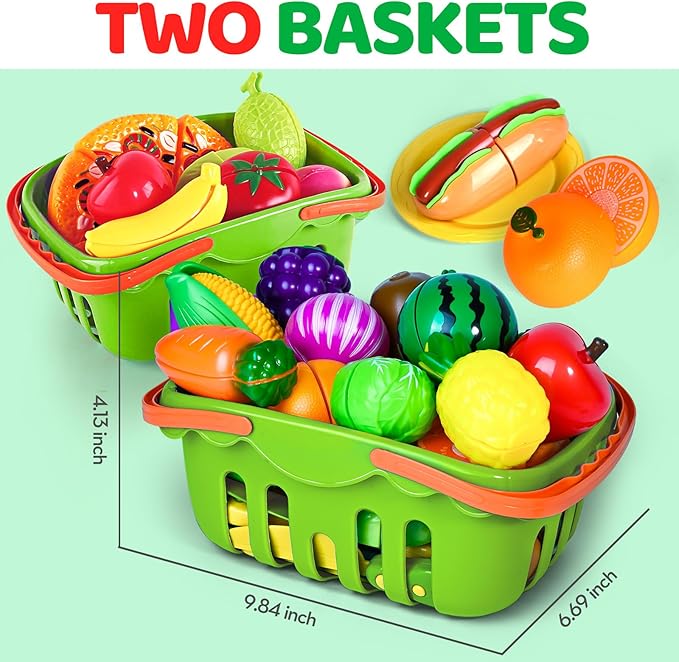 100 PCS Cutting Play Food Toy for Kids Kitchen, Pretend Food Toys for Toddlers, Play Kitchen Toys Accessories with 2 Baskets, Fake Food/Fruit/Vegetable, Birthday Gifts for 3 4 5 6 Years old Girls Boys