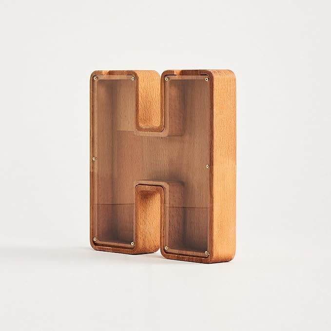 Personalized Wooden Piggy Bank – Custom Letter H Coin Bank in Beech Wood with Clear Acrylic Front, Engraved Name Option, Money Saving Box for Kids and Adults