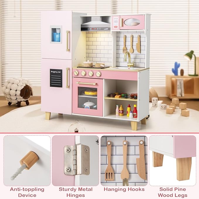 Costzon Kids Kitchen Playset, Wooden Pretend Play Kitchen with BBQ Grill, Ice Maker, Range Hood, Blackboard & Cooking Accessories, Toy Kitchen Set with Lights & Sounds, Gift for Toddlers Ages 3+