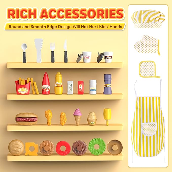 Kids Kitchen Playset - Pretend Play Restaurant Food Set for Toddlers with Cart, Grill and Apron Play Kitchen Toys Accessories with Lights and Sounds Christmas Birthday Gift for Kids Girls Boys Ages 3+
