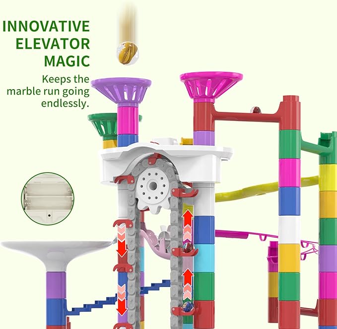 Big Motorized Marble Run - Construction Building Blocks Toys 220Pcs Marble Race Track with Elevator,Educational STEM Game Christmas Birthday Gifts for Kids 3-5 4-8 8-12 (B-Colorful)