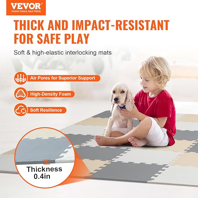 VEVOR 36 Tiles Kids Play Mat, 0.4 Inch Toddler Play Mat with EVA Foam, 12" x 12" Puzzle Play Mat with 36 sq.ft Coverage, Interlocking Toddler Mats for Play Room, Nursery, Living Room, Camel&Gray&Beige
