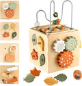 Wooden Activity Busy Cube Montessori Toys, 6-in-1 Activity Center Baby Bead Maze Toys, Sensory Shape Sorter Blocks, Toddler Boys Girls First Birthday Gift