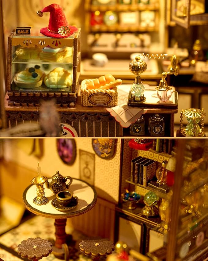 Miniature House Kit Magic Coffee Shop, DIY Miniature Dollhouse Kit for Adults, Tiny House with Furniture & LED Lights, Wooden Craft Mini Model Kits, Birthday Gift for Teens Family Friends