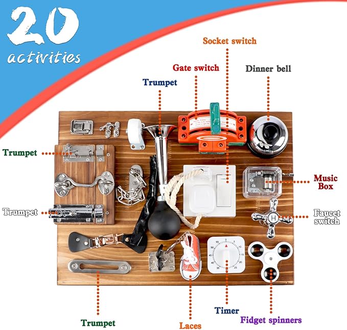 20-in-1 Busy Board for Toddlers - Travel Toy Activity Board for Fine Motor Skills - Toys for 3 Years Old Kids With Switch, Locks, Shoe Laces, Music Box