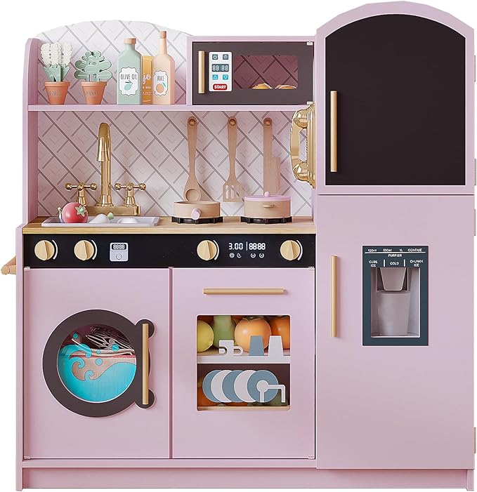 Treocho Play Kitchen for Kids, Wooden Toddler Kitchen Set with Storage, Modern Design Toy Kitchen with Faucet&Sink, Stove, Chalkboard, Icemaker and Various Accessories for Kids Ages 3+, Pink