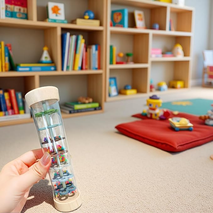 Oneshow Wooden Rain Stick Montessori Toys for Babies 6-12 Months, Rain Sticks for Kids, Baby Rattle Sensory Toy with Calming Rain Sounds, Toddler Educational Gifts for 1 Year Old - 6.8"