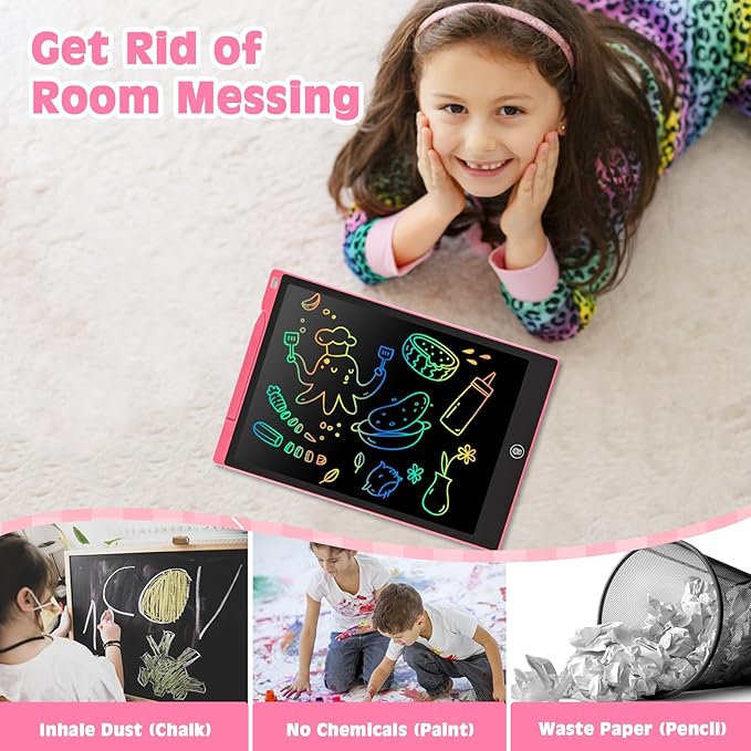 Cimetech LCD Writing Tablet 12 Inch, No Mess Coloring Books for Toddlers 1-3, Doodle Board Drawing Pad Boy Girl Gift, Road Trip Activities, Reusable Educational Travel Toys (Pink)