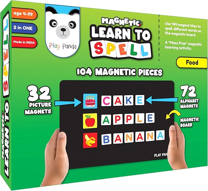 Magnetic Educational Toys for Kids Aged 3 4 5 6 – Learn to Spell Foods| 104 Magnet Pieces – 32 Picture & 72 Letter with Magnetic Board & Spelling Game Guide | Preschool Learning Toy for Girls & Boys
