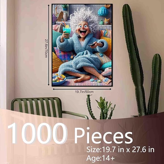 Funny Blue Bathrobe Grandma Jigsaw Puzzle for Adults 1000 Pieces Cozy Living Room Scene Whimsical Home Decor Relaxing Game 20×27 Inches Unique Gifts for Puzzle Lovers Family Entertainment