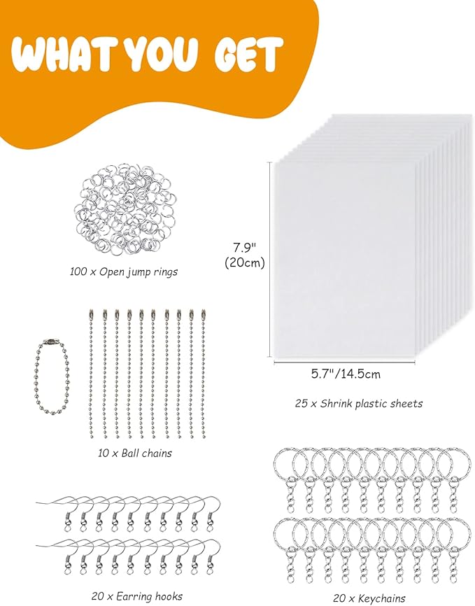 175 Pieces Shrink Plastic Sheet Kit Includes 25 Pieces Shrink Plastic Sheets and 150 Pieces Accessories for Making Key Chains, Christmas Ornaments, Kids' Birthday Presents