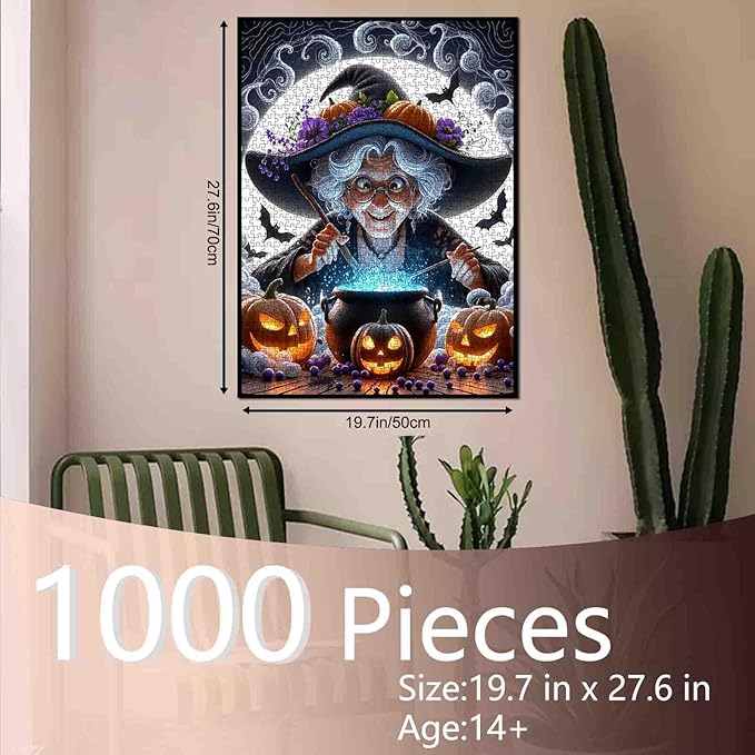 Mystical Grandma Witch Stirring 1000 Piece Jigsaw Puzzle for Adults Students 20×27 Inches Halloween Night Pumpkins Bats Magical Blue Spell Autumn Puzzles for Fall Decor and Gift for Puzzle Lovers