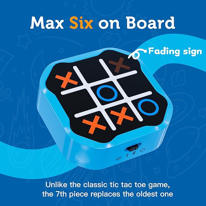 3-in-1 Electronic Tic Tac Toe Game, Handheld Travel Toy with Silent Mode, Fun for Kids and Adults, Blue