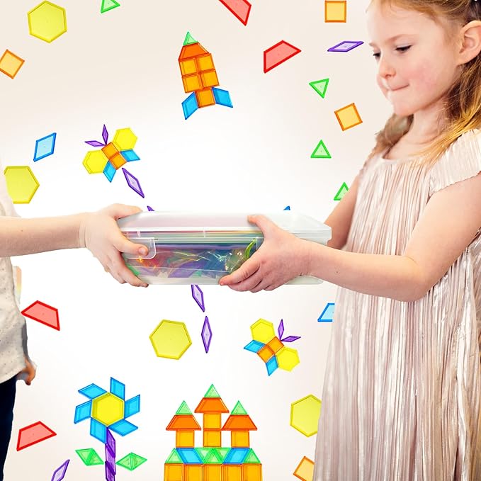Bbiamsleep 140 Pcs Translucent Pattern Blocks Plastic Transparent Geometric Shape Blocks Light Table Manipulatives Accessories Sensory Bin Filler for Light Table Sorting Counting Spelling Training