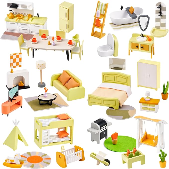 Giant bean 85pcs Wooden Plastic Dollhouse Furniture Set for 6 Rooms, Modern Dollhouse Accessories Pretend Play Furniture Toys Gift for Boys Girls Toddlers & Kids 3 4 5 6 7 Years and up