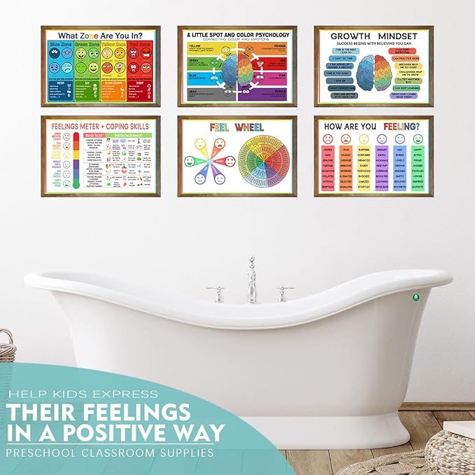 6 Zone of Self-Regulation Bulletin Board Set Feeling Chart for Kids - Calm Down Corner Toolkit with Feeling Wheel Poster, Emotions Chart & Growth Mindset Activities (8x12 Inch, Classroom Decor Essentials)