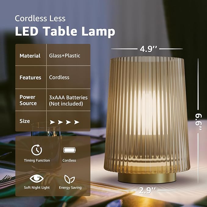 Dolita Battery Operated Glass Lamp, 2-Pack Small Table Lamps with Timer, Bedside Lights for Home Decor Living Room, Office, Bedroom